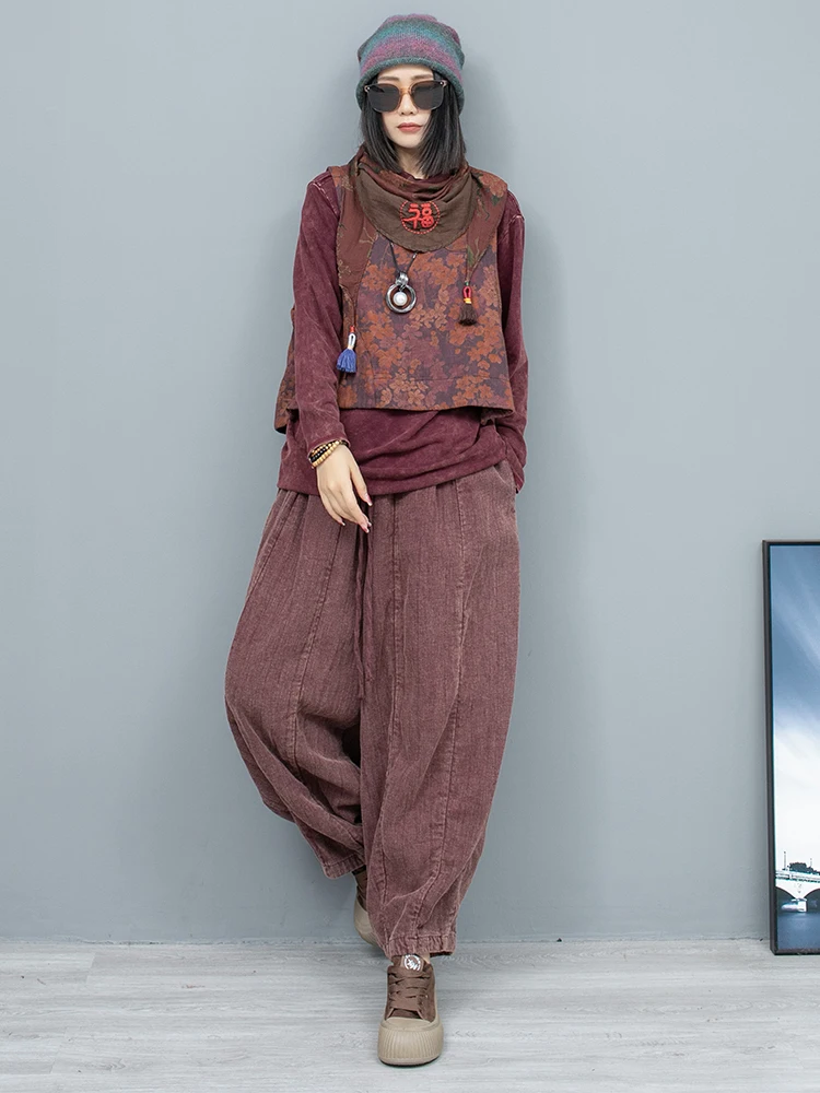 2024 Autumn New Color Printed Vest + Linen Pumpkin Pants Two-piece Set Women Loose Stylish Pant Set LX2448