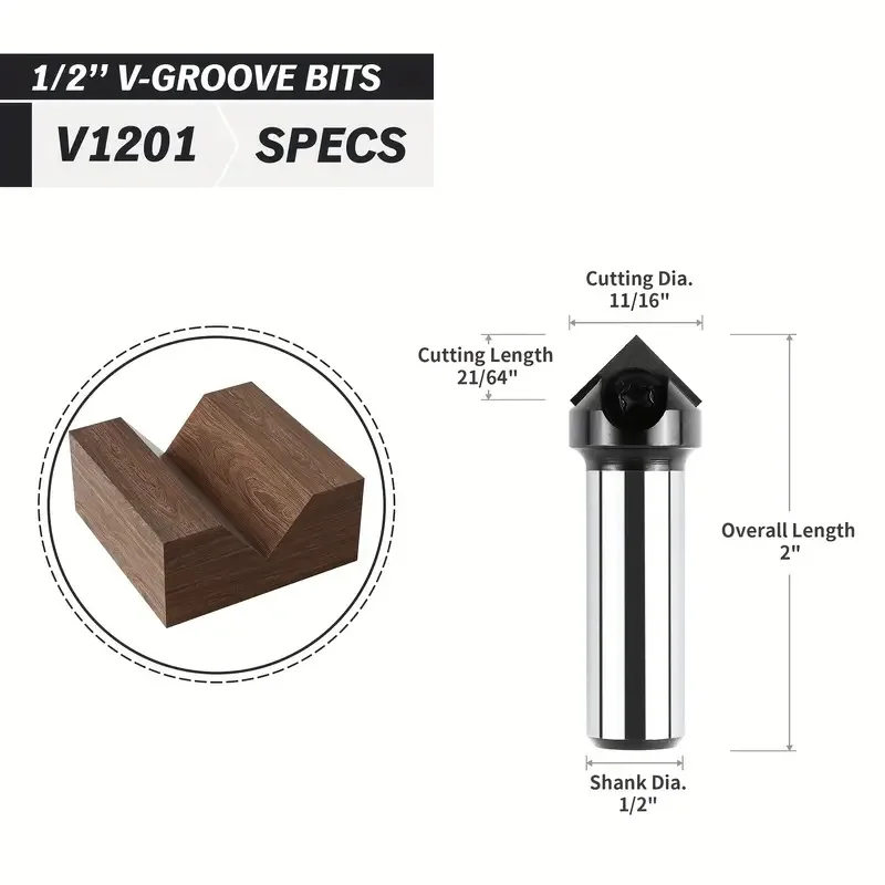 45 Degree wood V-Groove CNC Bit Woodworking Carbide Router Bit CNC End Mill 11/16" Cutting Dia 1/2" Shank