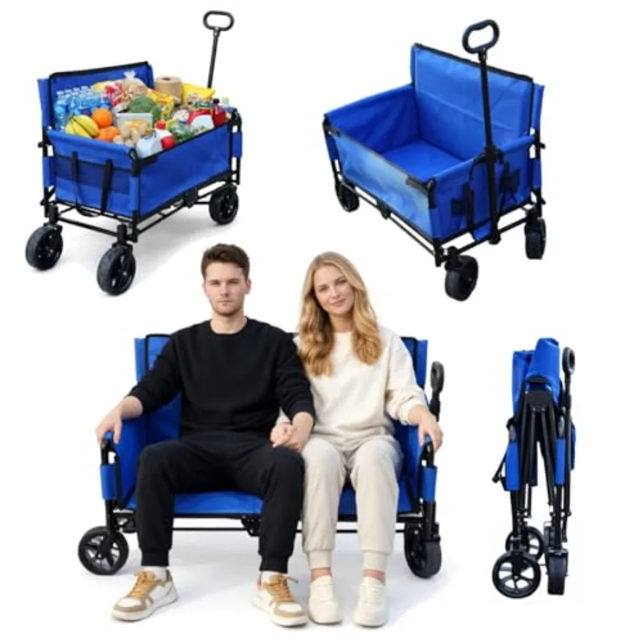 Beach wagon chair for adults: foldable cart converts to 2-person sofa, 2-in-1 wagon bench love seat combo, aluminum frame, navy