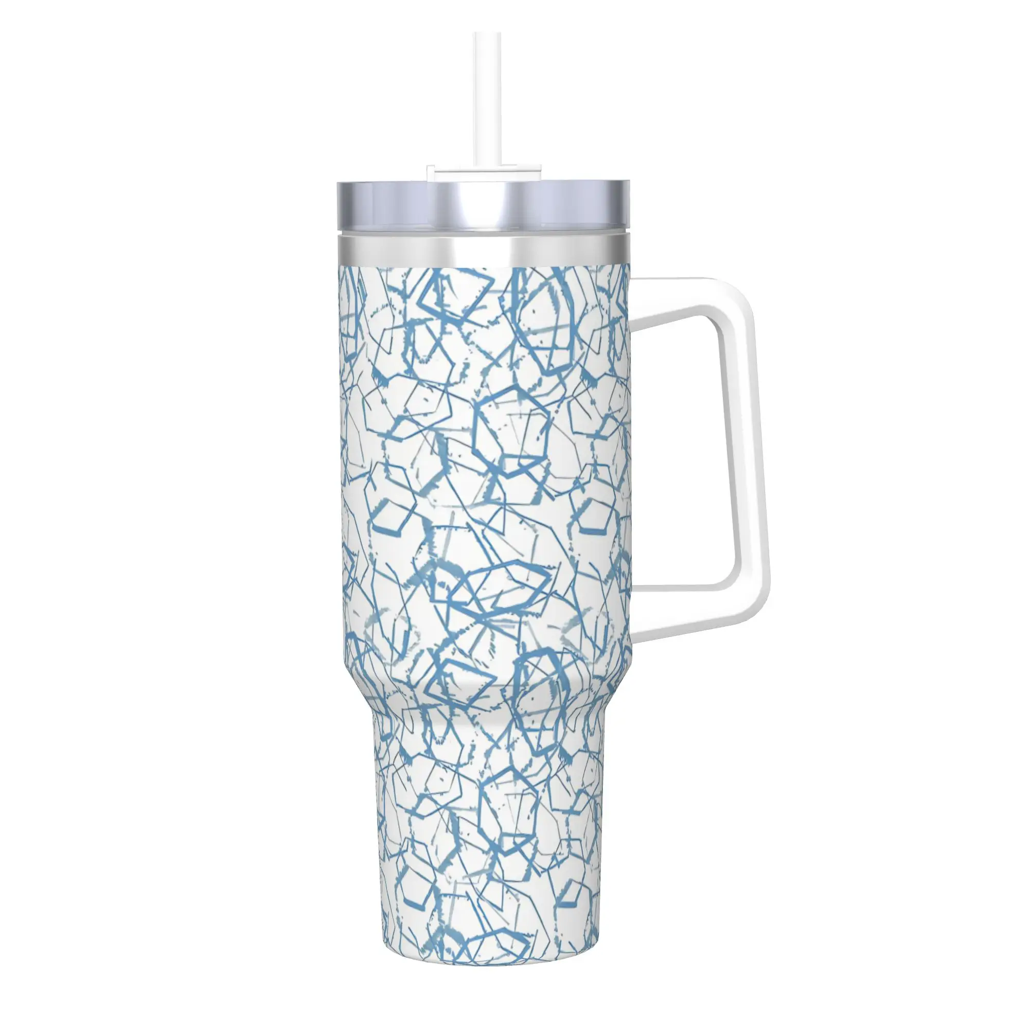A Faint Geometry Metallic Blue  Tumbler Vacuum Insulated Geometric Ink Blue Thermal Cup with Lid Straw Mugs Hot Cold Drink, 40oz