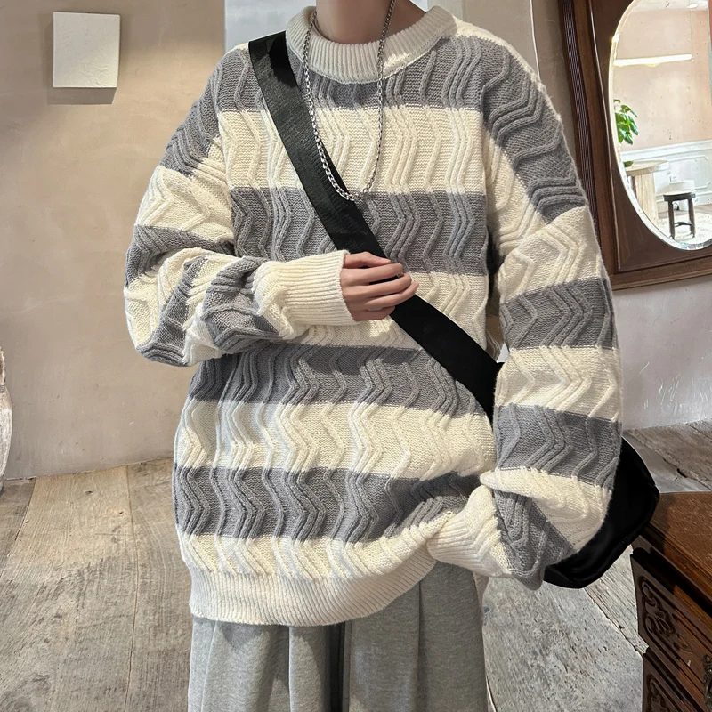 

Comfortable Striped Loose Men's Sweater Spring Autumn New Sle Trendy Brand Casual Long Sve round Ne Knitted Top for Co...