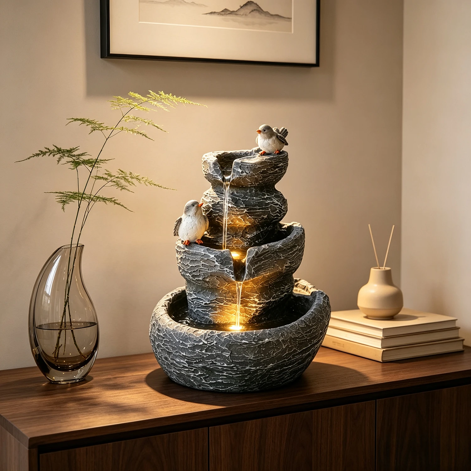 Modern 3 Tier Cascading Resin Fountain Bird Statue Plug In Indoor Outdoor Garden Water Feature Decor With LED Lights