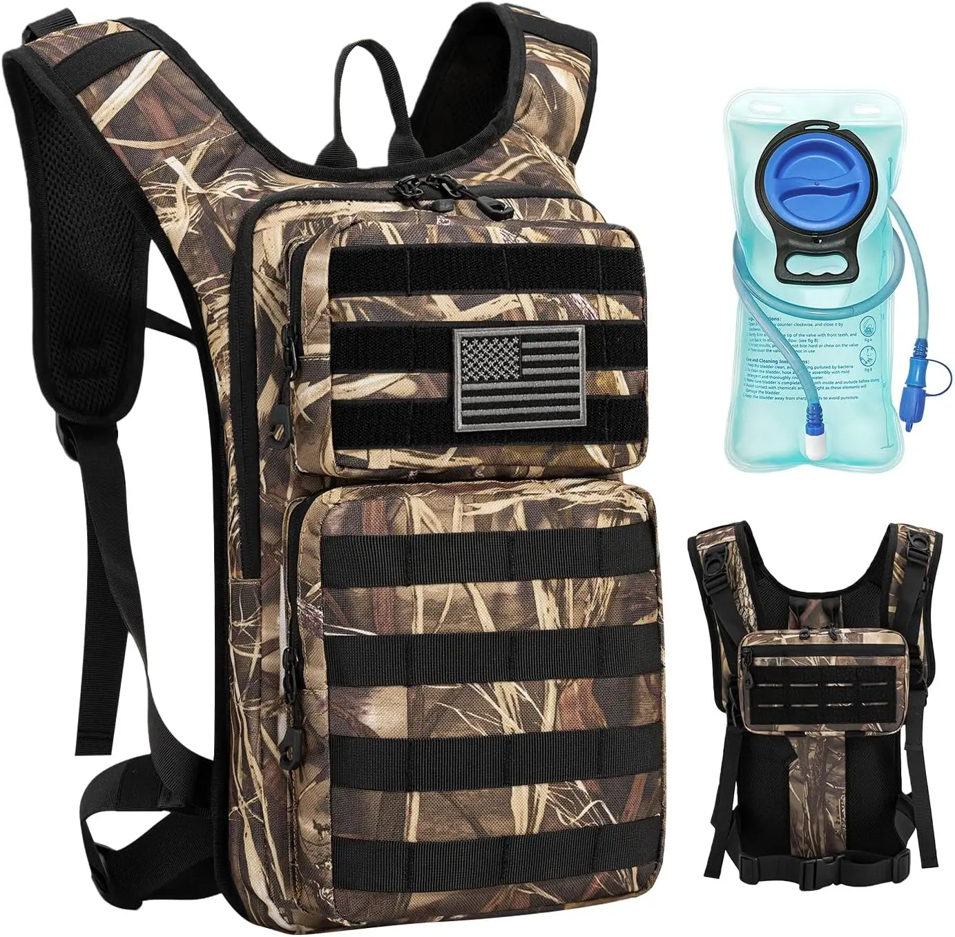 

Tactical Hydration Backpack with 2L Water Bladder, Detachable Pouch, Heavy-Duty 900D Polyester, for Hiking Cycling Climbing