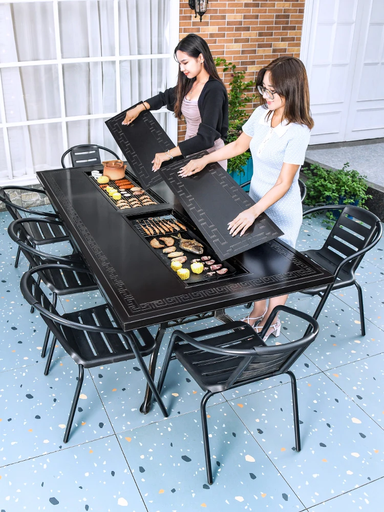 Garden Outdoor Furniture Set Aluminum Desk Chair Electric BBQ Oven Smokefree Barbecue