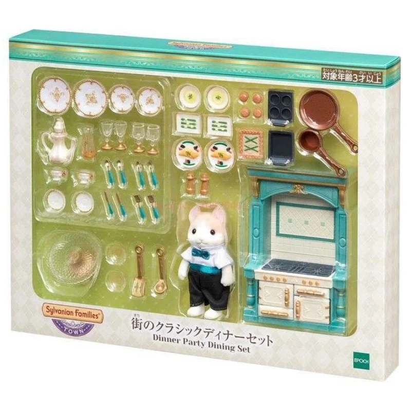 Original Anime Sylvanian Cat Dinner Party ชุดรับประทานอาหารครอบครัว Kawaii รูปตุ๊กตาสะสมของขวัญวันเกิดคริสต์มาสของขวัญของเล่น