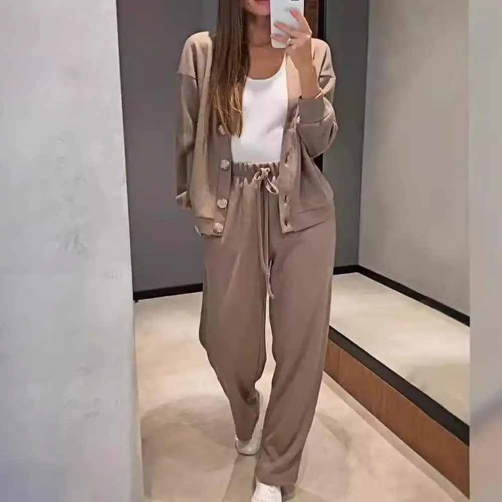 Women Casual Two-piece Set Women\'s V Neck Knitted Shirt Wide Leg Trousers Set Long Sleeves Loose Top with Drawstring for Casual