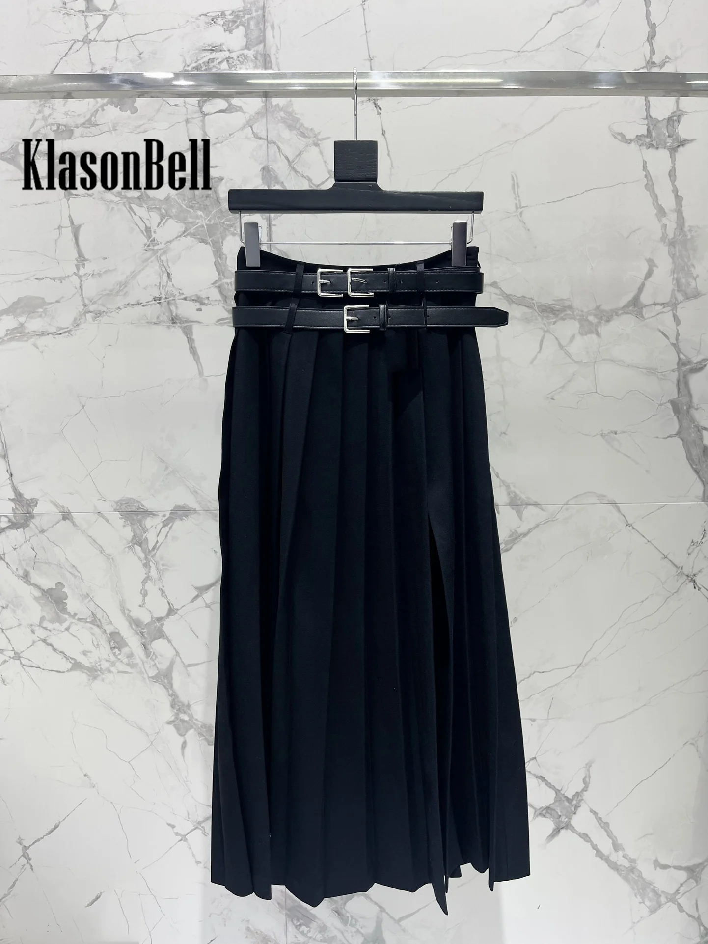 8.6 KlasonBell Women Fashion Streetwear Double Buckle Sashes Decoration Long Split Pleated Skirt Sweet All-matches Short Skirt