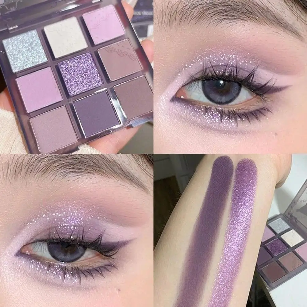 Paleta de sombra de ojos, 9 colores, Serie de humo púrpura, maquillaje impermeable, Cosméticos coreanos, encaje brillante, reflejos mate