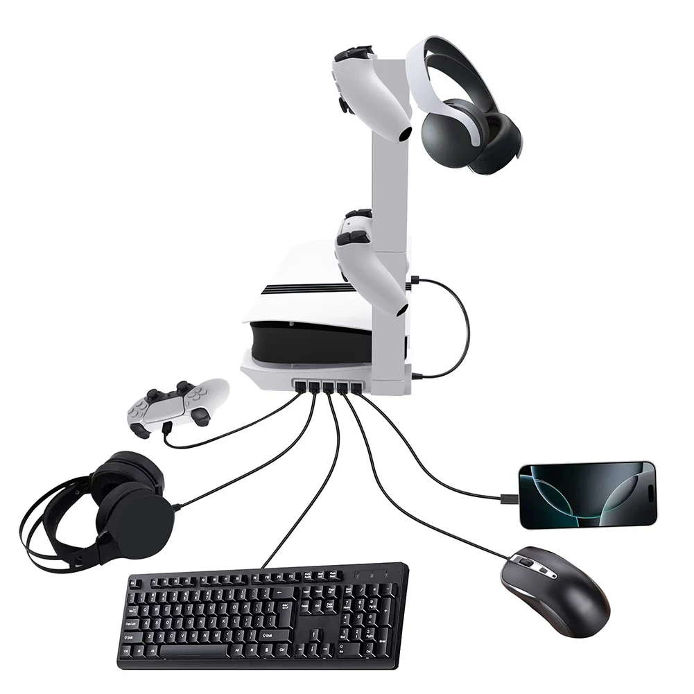 

Stand Holder for PS 5 Slim/Pro Console 5-Port USB Ports with Controller & Headset Holder for PlayStation 5 Slim/Pro Accessories