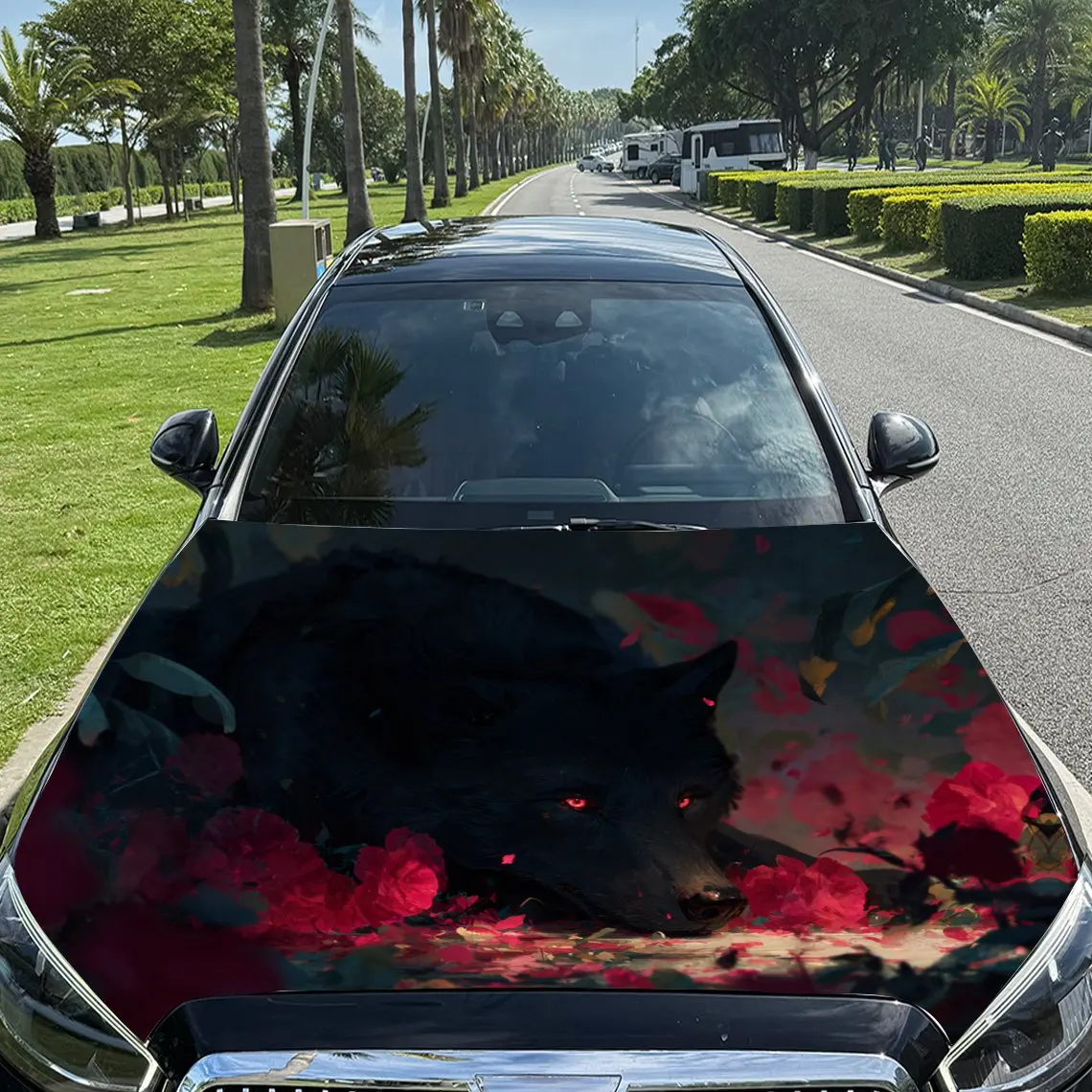 Black Wolf Set Off by Red Roses Car Vinyl Wrap, PVC Material Waterproof Car Hood Sticker, Self-Adhesive Scratch-Resistant Sticke