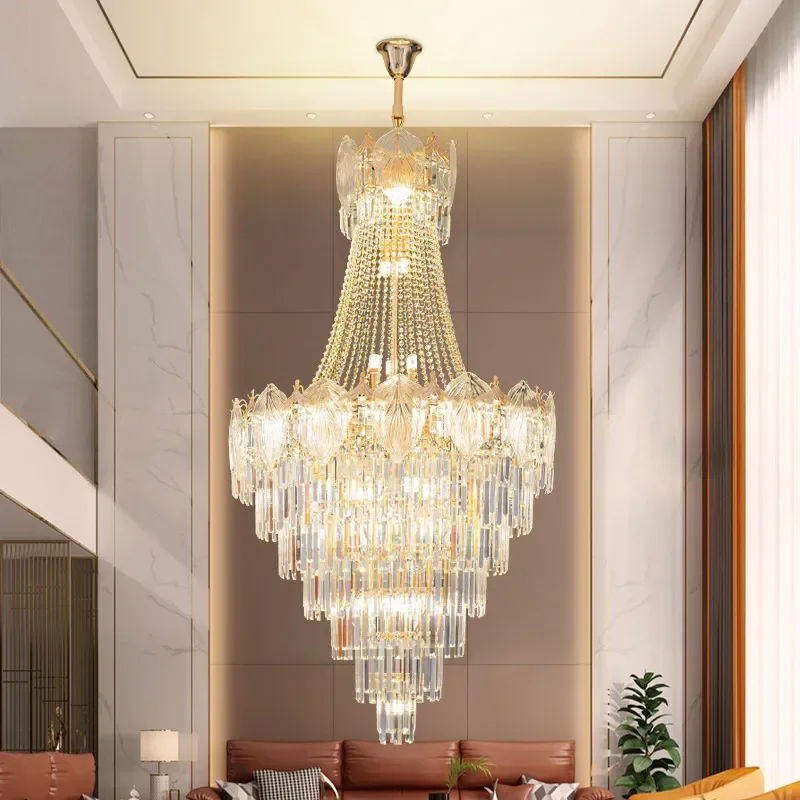 Modern Luxury Crystal Chandelier for Duplex Villa High Ceiling Living Room High End Middle Floor Pendant Light Fixture