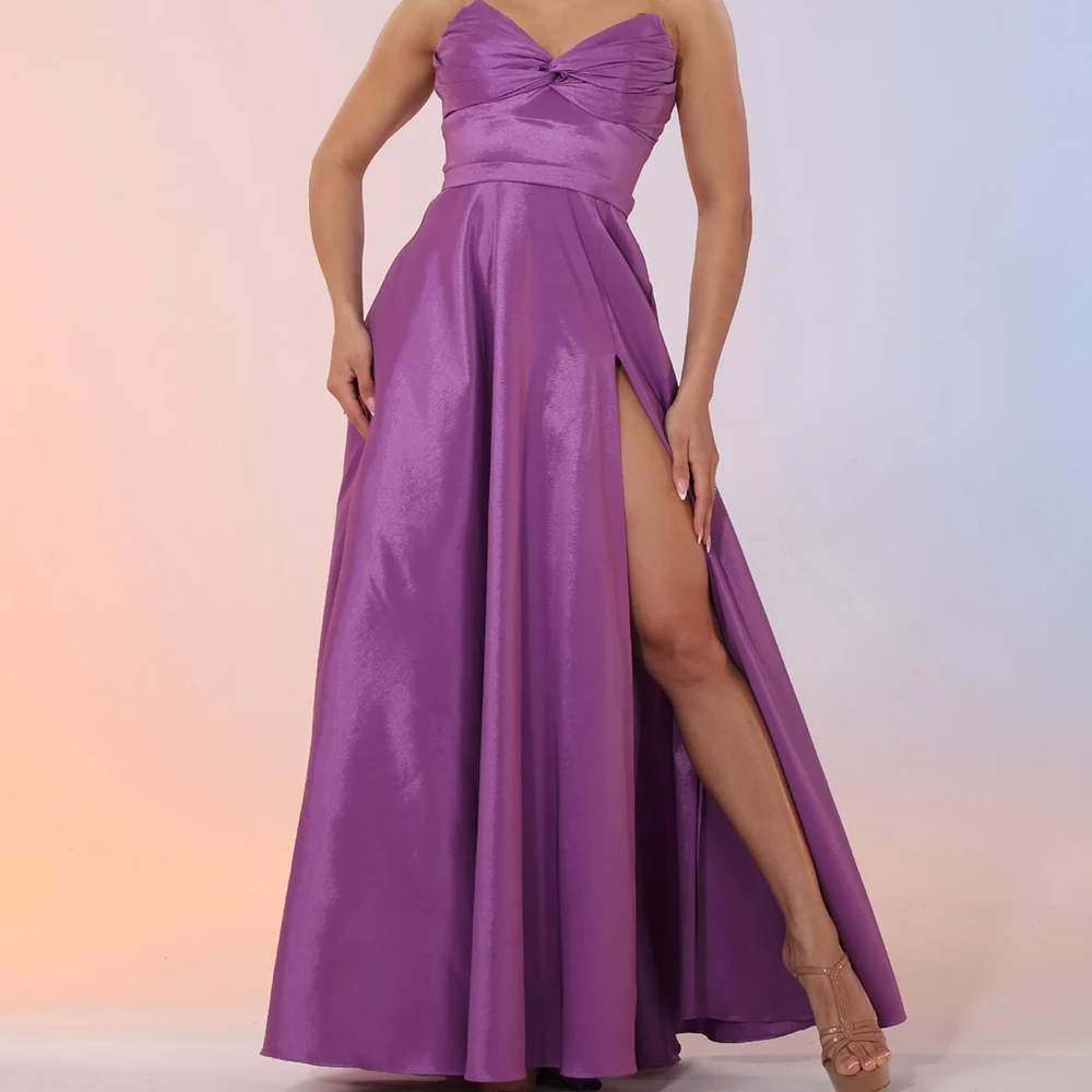 

Customized Modern Front Slit Pleats Evening Dresses Graceful A-Line Sweetheart Satin Purple Party Gowns فساتين سهره نسائيه فخمة