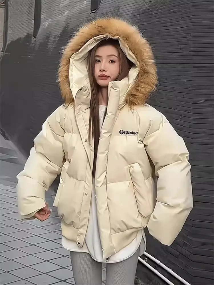 

American Retro PU Leather down Cotton Jaet Women's Thi Warm Detachable Fur Collar Parka Trendy Long Sve Zipper Closure
