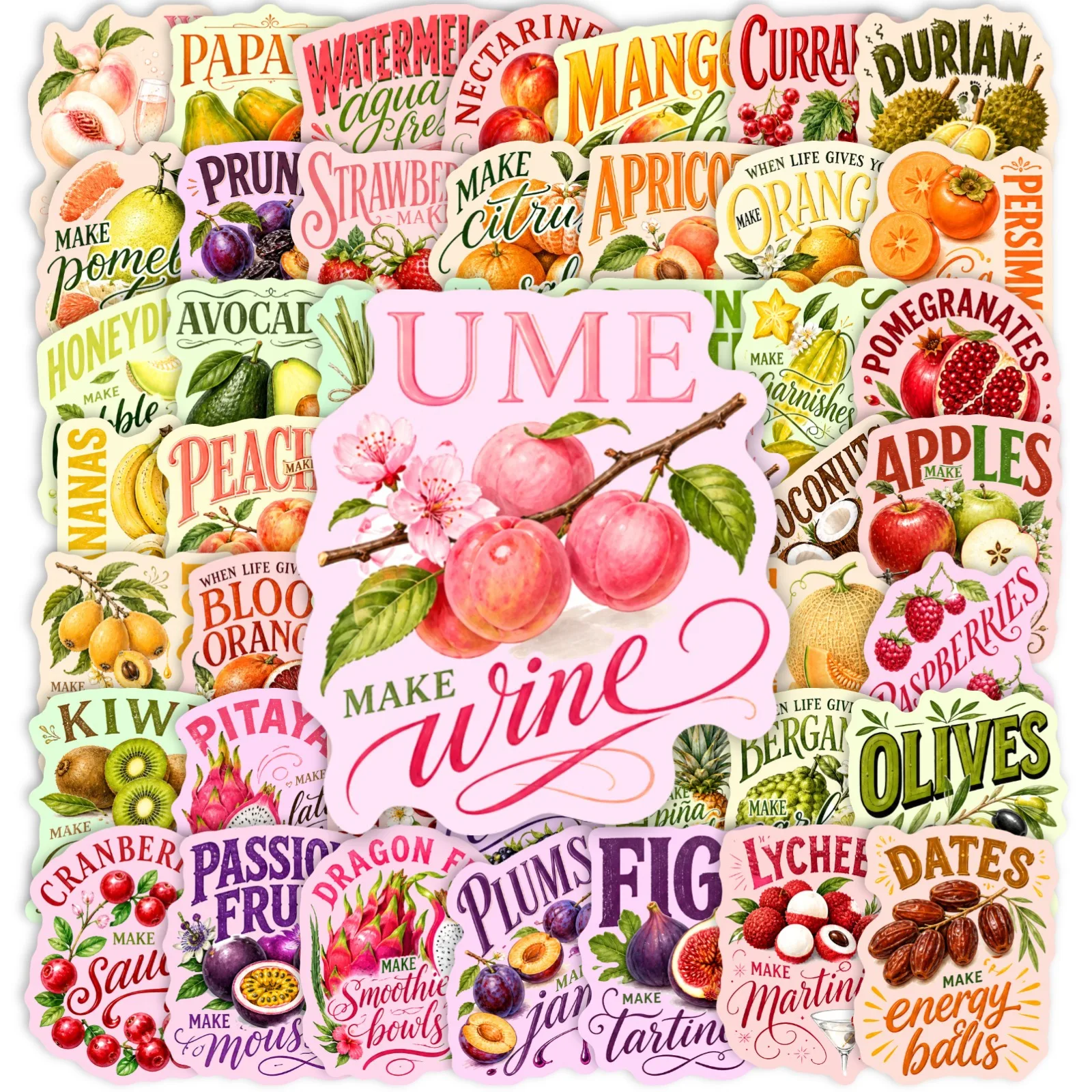 10/30/50PCS Vintage Fruit Label Stickers Tropical Fruit Hand Lettering Text DIY Decor Phone Laptop Luggage Graffiti Sticker Pack