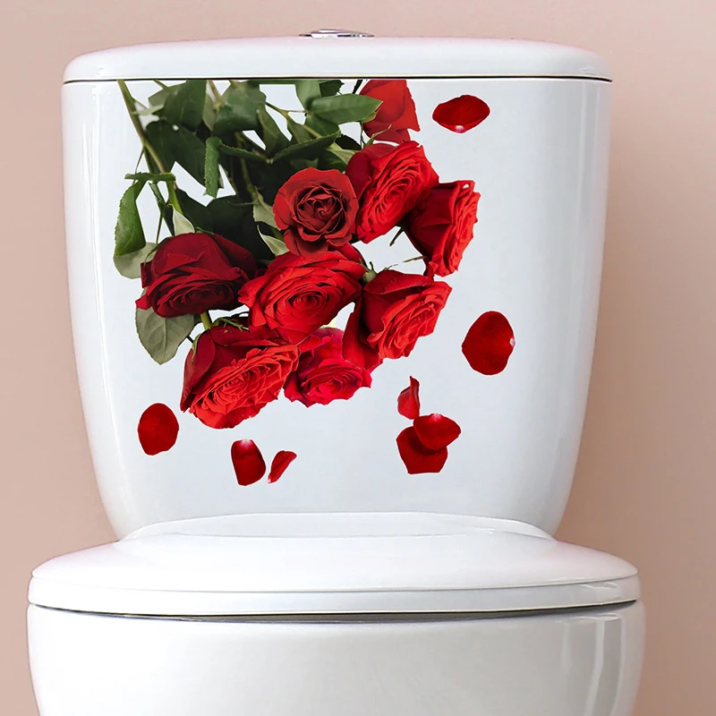 Roses Toilet Seat Stickers Red Flowers Toilet Lid Decals DIY Removable Watercolor Bouquet Toilets Stickers For Cistern Bathroom