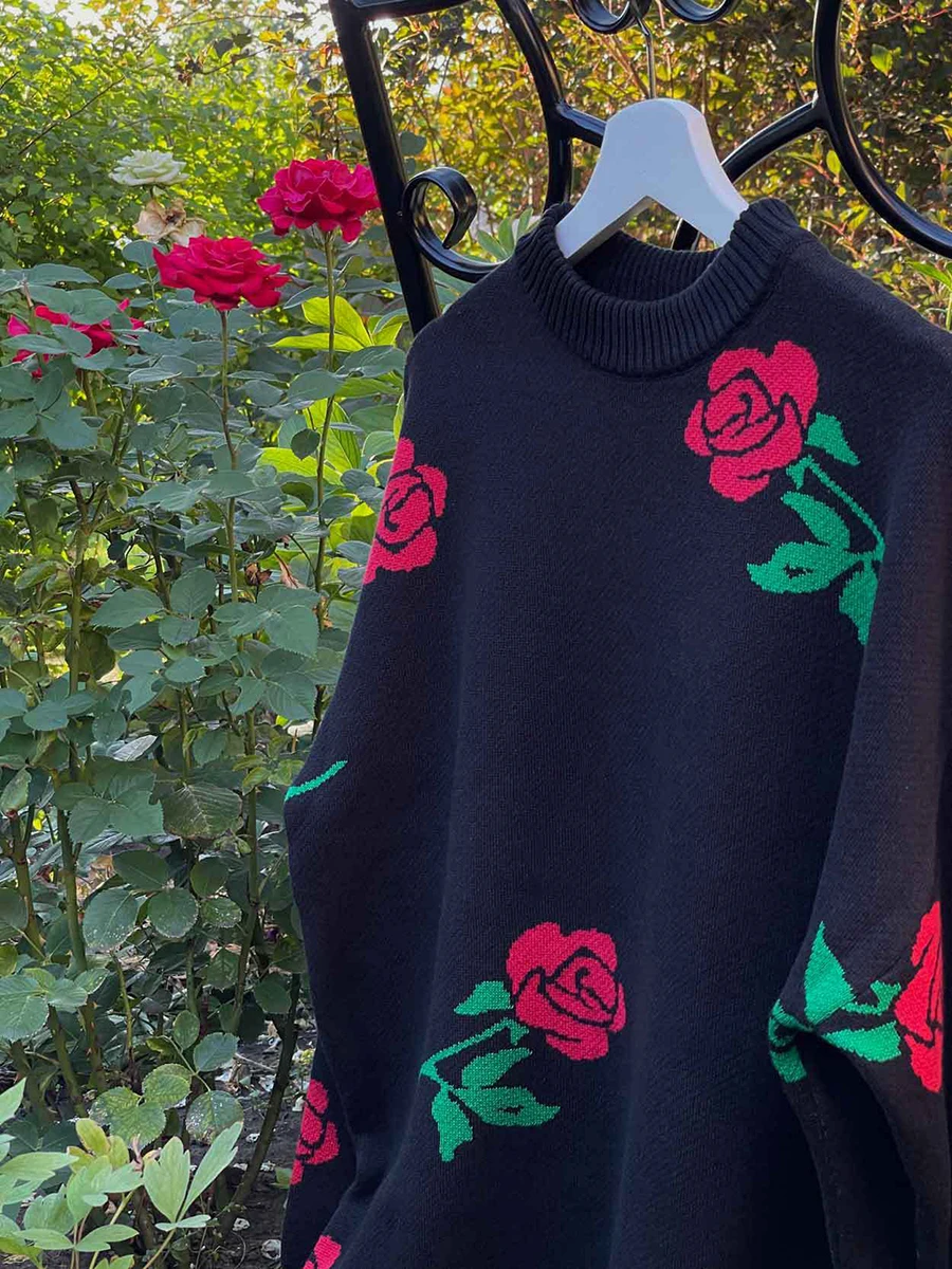 Suéter con estampado de flores rosas para mujer, Jersey holgado de manga larga con cuello redondo, informal, a la moda, para otoño, 2024