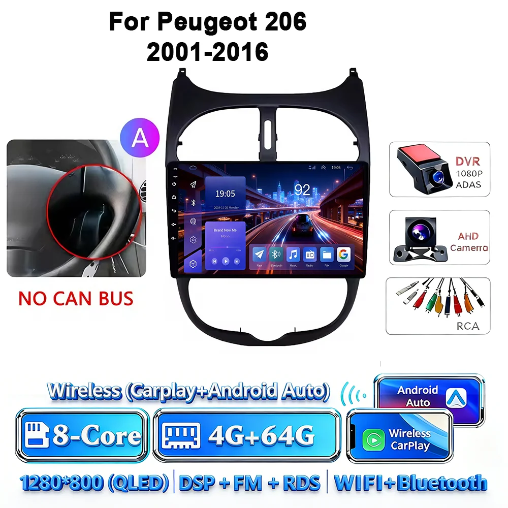 Android 17 Carplay Android Auto 4G WIFI autoradio voor Peugeot 206 2001-2016 GPS DSP BT touchscreen multimediasysteem navigatie stereo - afbeelding 1