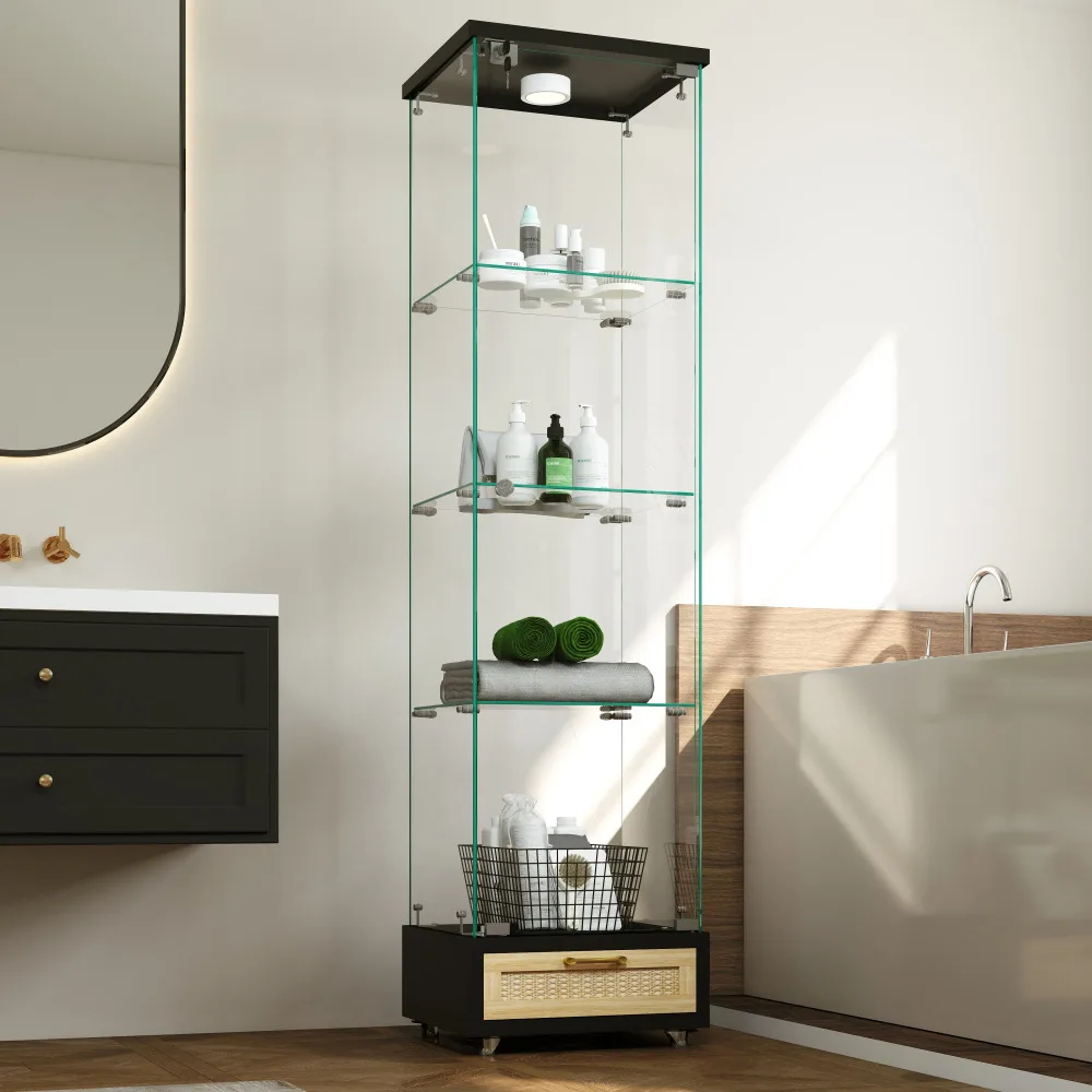 Vitrine moderne en verre noir avec tiroirs LED, bibliothèque en verre trempé, 1 porte, 4 étagères, 167x42.5x36.5cm