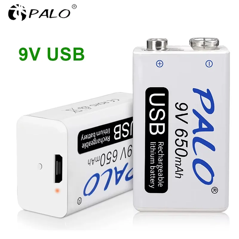 Rechargeable 9V Battery 650mAh Type-C USB 9 Volt 6F22 Lithium Crown 9v Batteries for Multimeter KTV Microphone Metal Detector