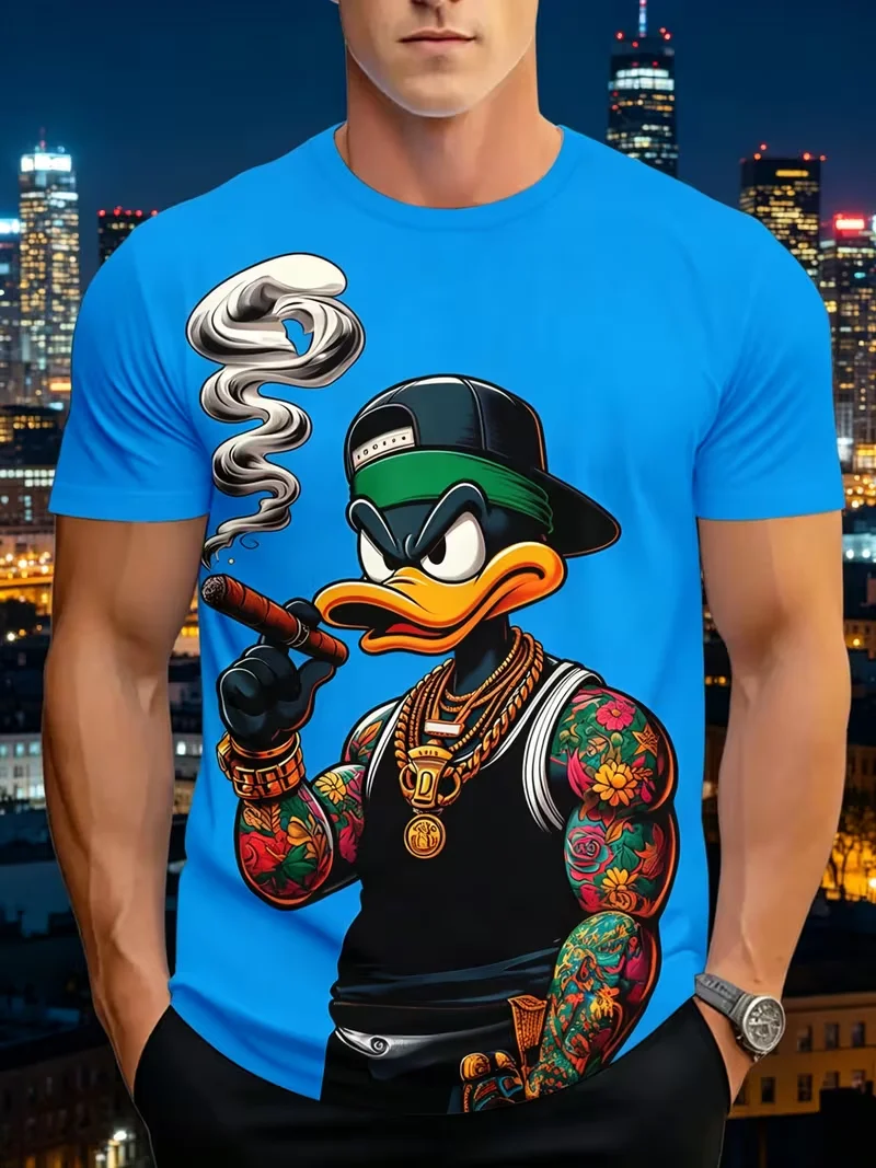 Mens T-shirt cool cartoon duck character sunglasses coffee graffiti splash letter print short sleeve crew neck street casual top