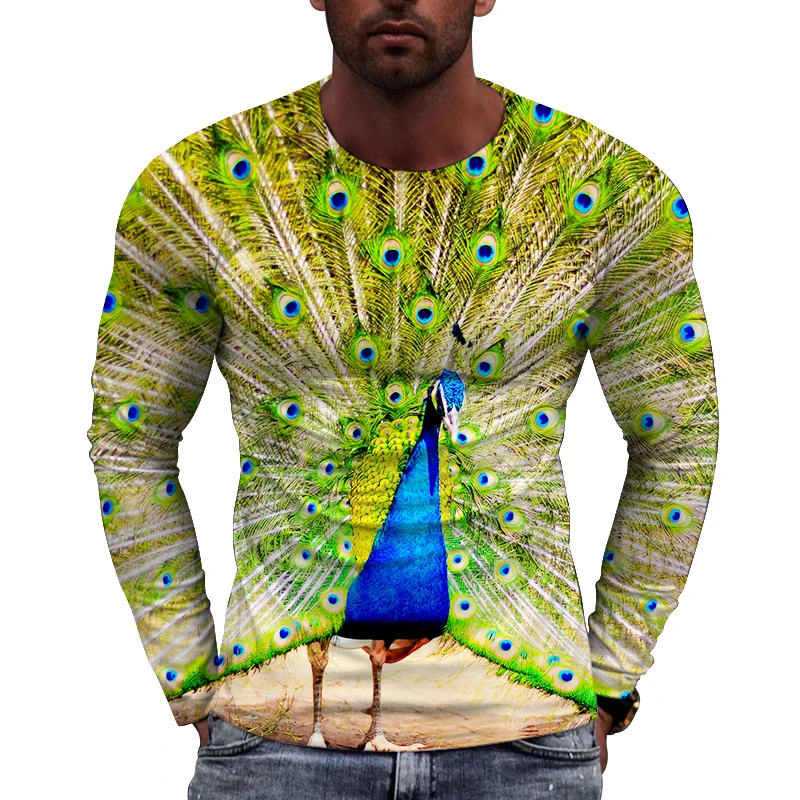 New European A peacock Spreads Its Veil Picture  Men long sleeved T-shirt Casual Printed Tees Hip-hop Personality Round Neck Top