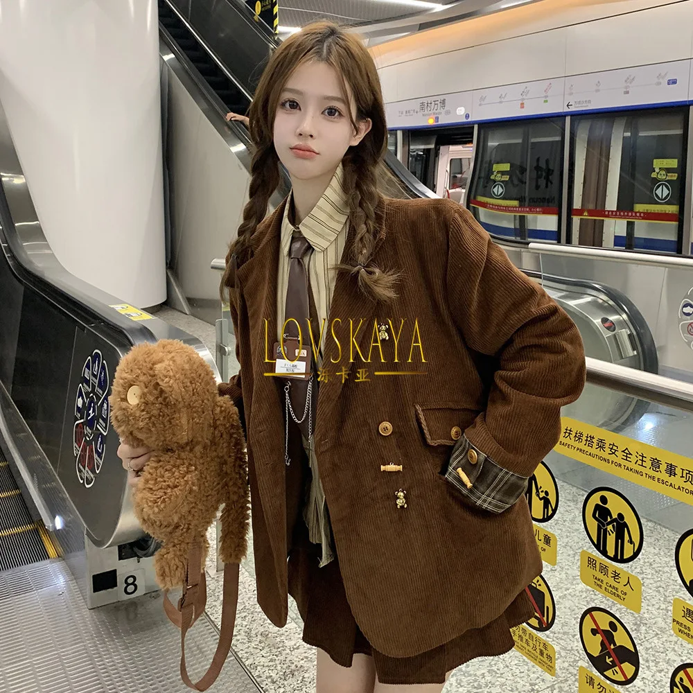 

Retro Maillard teddy bear buckle corduroy suit jacket slimming shirt half skirt two-piece set of oversized women's clothing