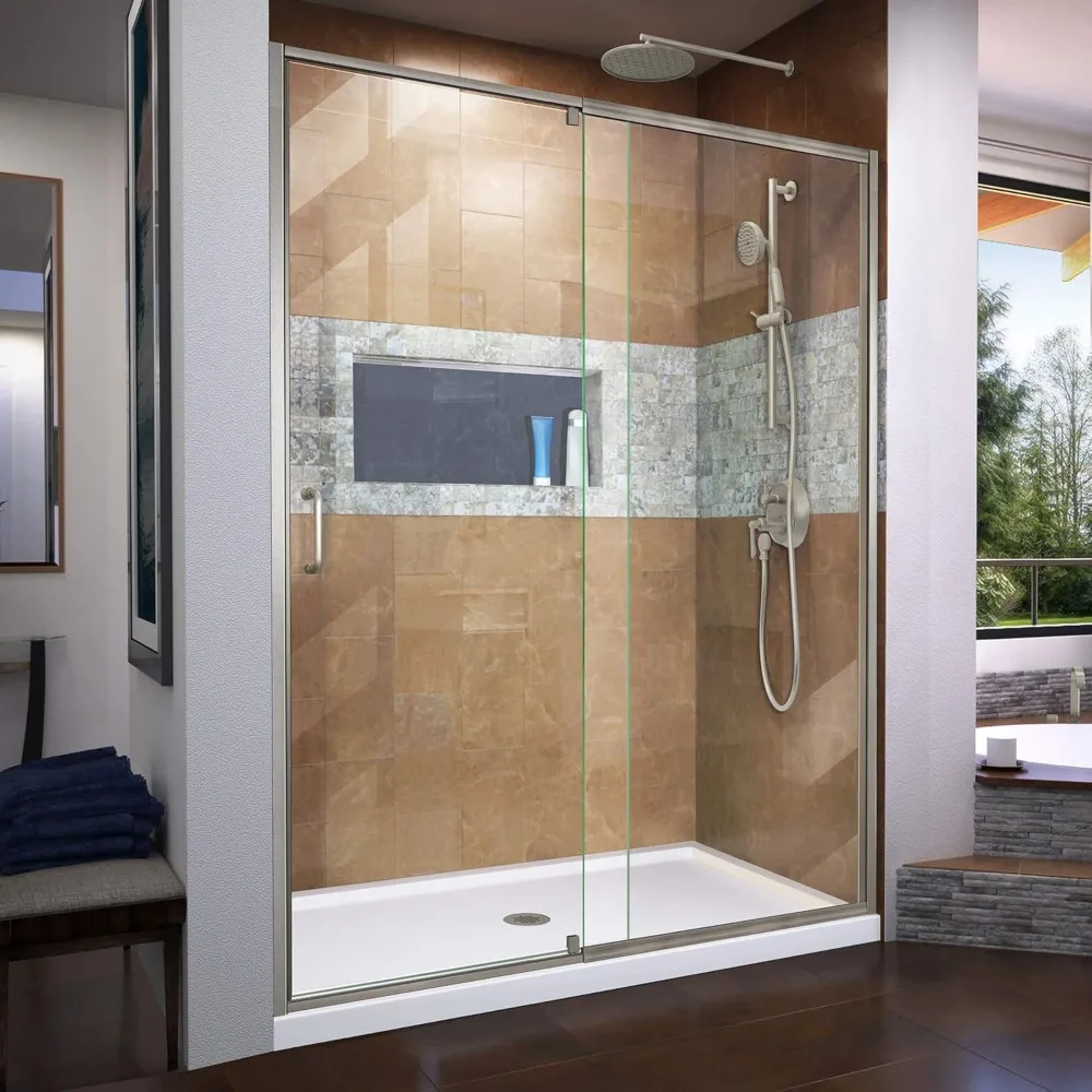 Frameless Shower Door, 50-54“ X 72” Shelf, Clear Glass, Explosion Proof Film, Semi-Frameless Pivot, Brushed Nickel, Shower Door