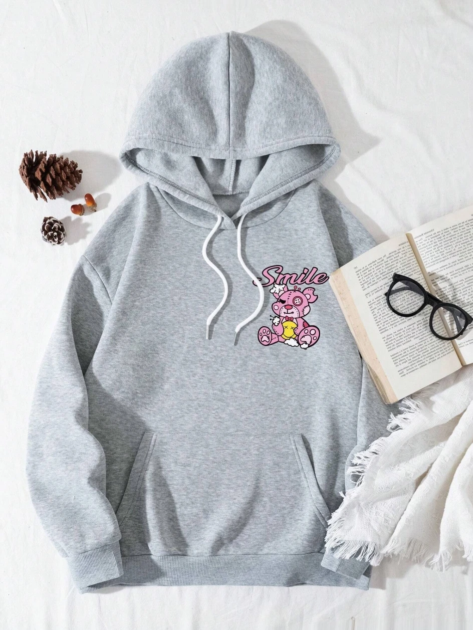 Sporty Women\'s Sweatshirt Kawaii Mending Smile Teddy Bear Printed Streetwear Long Sleeve Pocket Hoodie Comfortable Streetwear