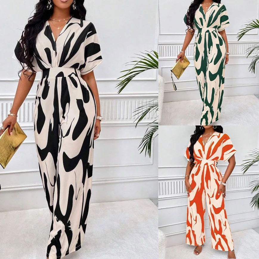 Women Jumpsuits Wide Leg Ankle Length Pants Printing Batwing Sleeve Rompers Spliced Pockets One Piece Jumpsuit Casual Loose