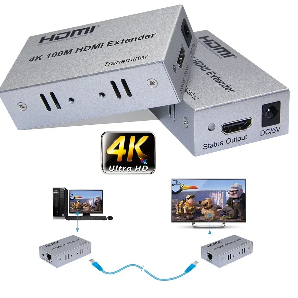 

4K 100M Rj45 HDMI-удлинитель видеоконвертера через Ethernet-кабель CAT5e Cat6 для PS4, DVD-камеры, ноутбука, ПК к ТВ-монитора, проектора