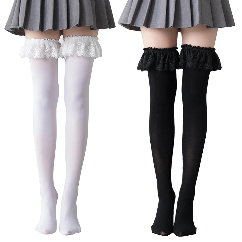 Lolita Women Thigh High Socks Cute Frilly Ruffles Lace Patchwork Velvet Over Knee Long Stockings Cosplay Anime Hosiery