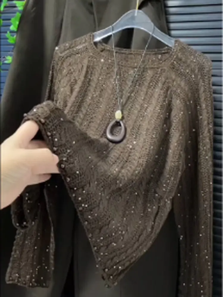 plus Size Lazy Style Heavy Bead Long Sleeve Knitted Sweater Women Early Autumn round Neck Loose Slimming Versatile Top
