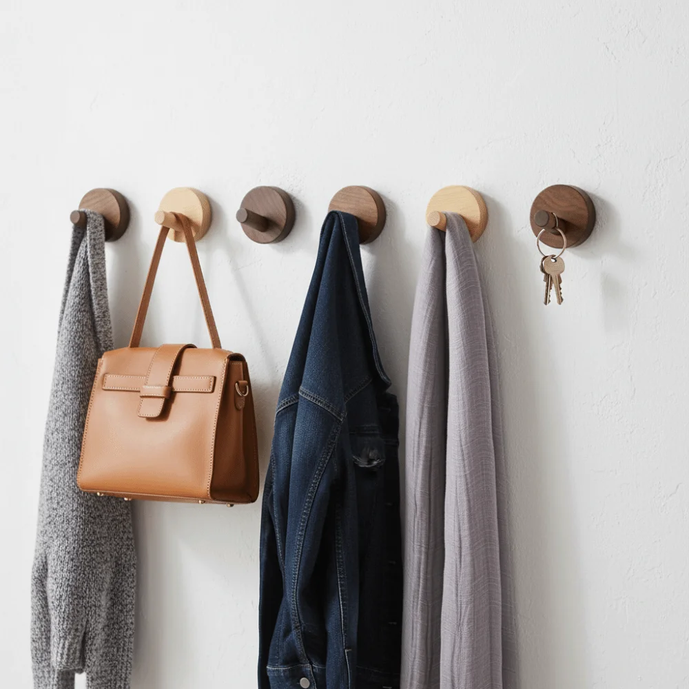 

Набор из 4 деревянных крючков из бука и ореха, без сверления, с ручкой, простой дизайн, для хранения одежды