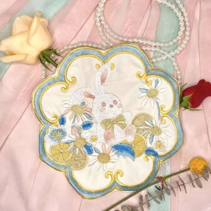 

Original Hanfu Chinese Floral Bunny Embroidery Handbag Pearl Chain Bags Shoulder Crossbody Bags Cosplay Princess Purse Wallet