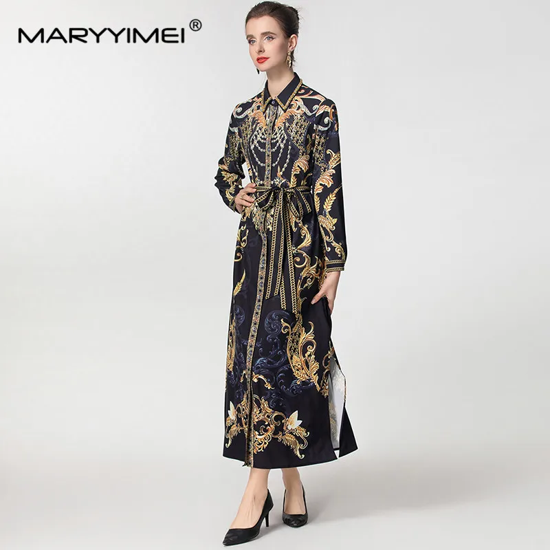 MARYYIMEI Autumn and winter Women\'s Dress Turn-Down Collar Single-Breasted Lace-Up Vintage Elegant Print Long-Sleeved Dresses