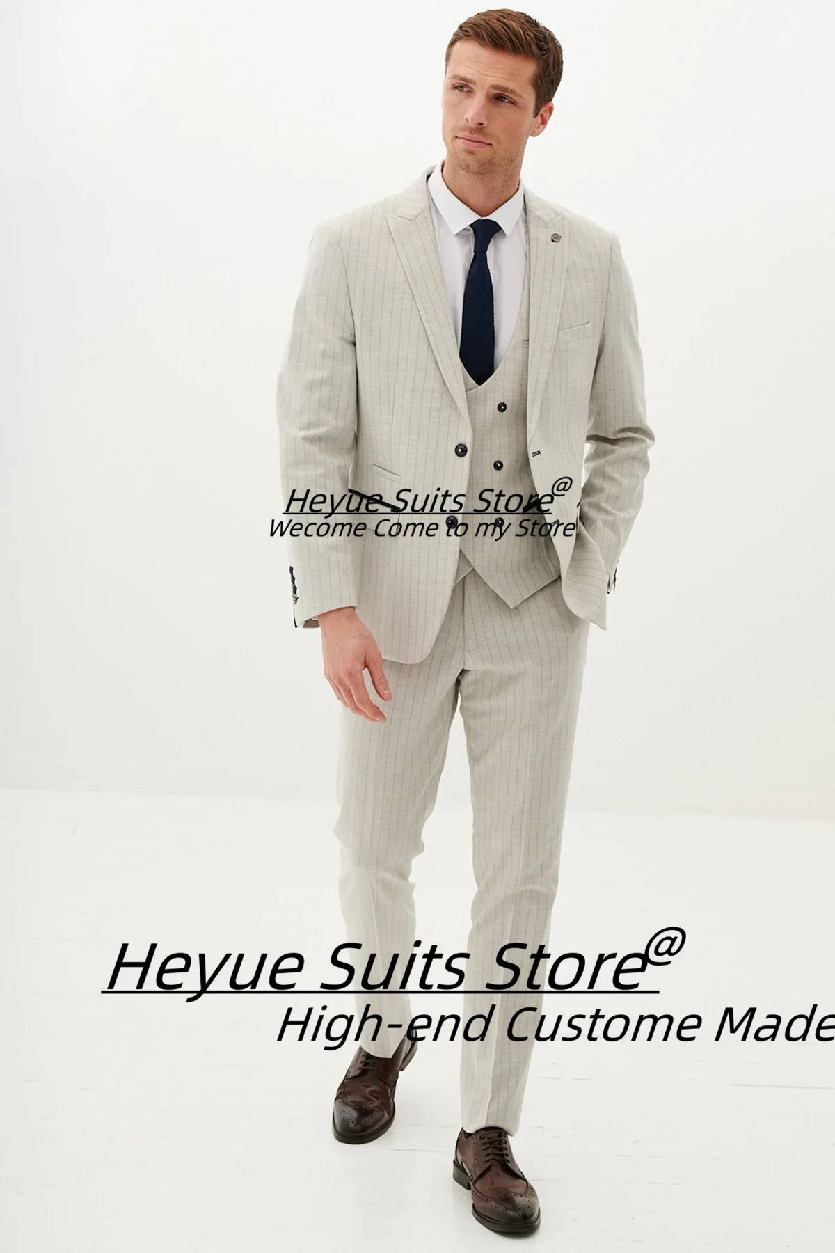 

Beige White Stripe Men Suits Slim Fit Peak Lapel Groom Formal Party Tuxedos 3 Pieces Sets Business Male Blazers Costume Homme