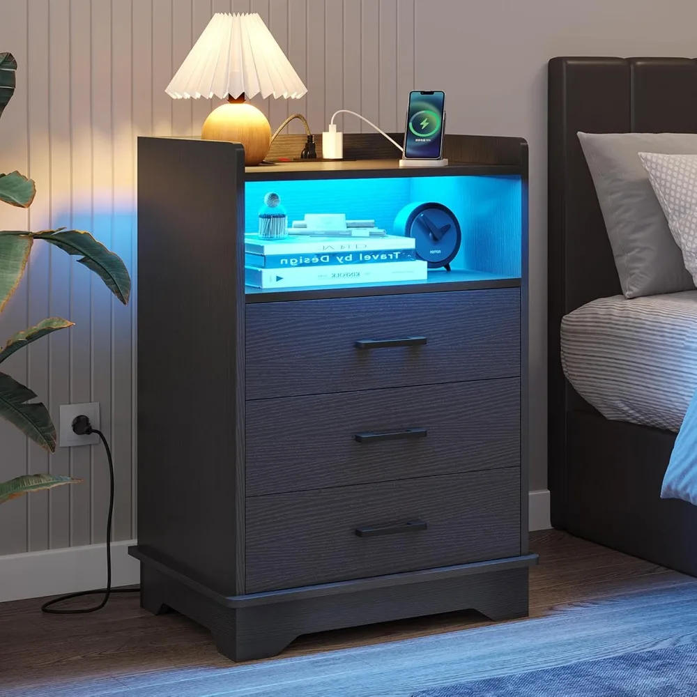 Nightstand with Charging Station and LED Lights, Modern End Table with 3 Drawers and Open Storage