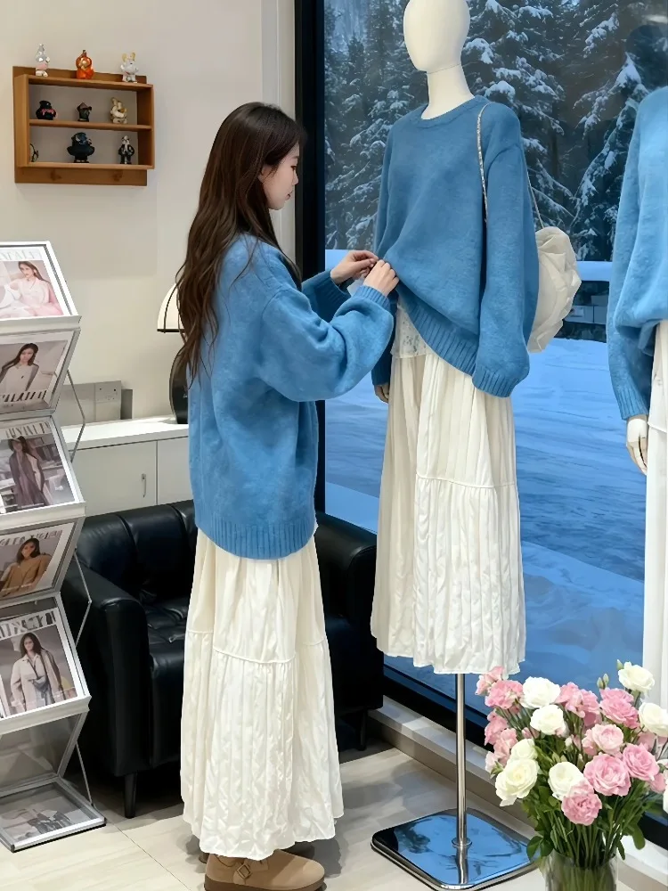 

Loose Fit Soft Blue Knitwear Korean Sle Women's Autumn Winter Sweater Comfortable Warm Long Sve round Ne Top