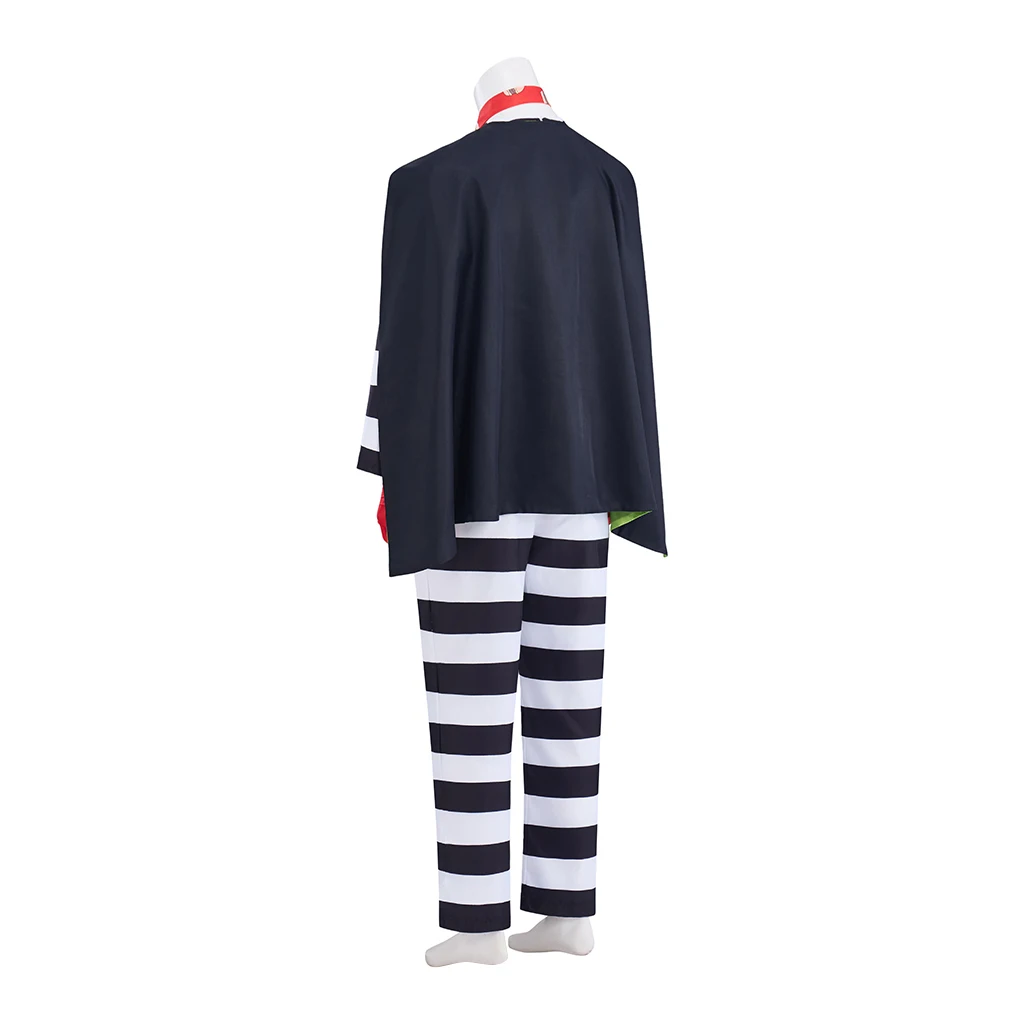 Men Hamburger Thief Cosplay Costume Black White Striped Jail Prisoner Uniform Fast Food Burglar Halloween Party Outfit with Cape view 4