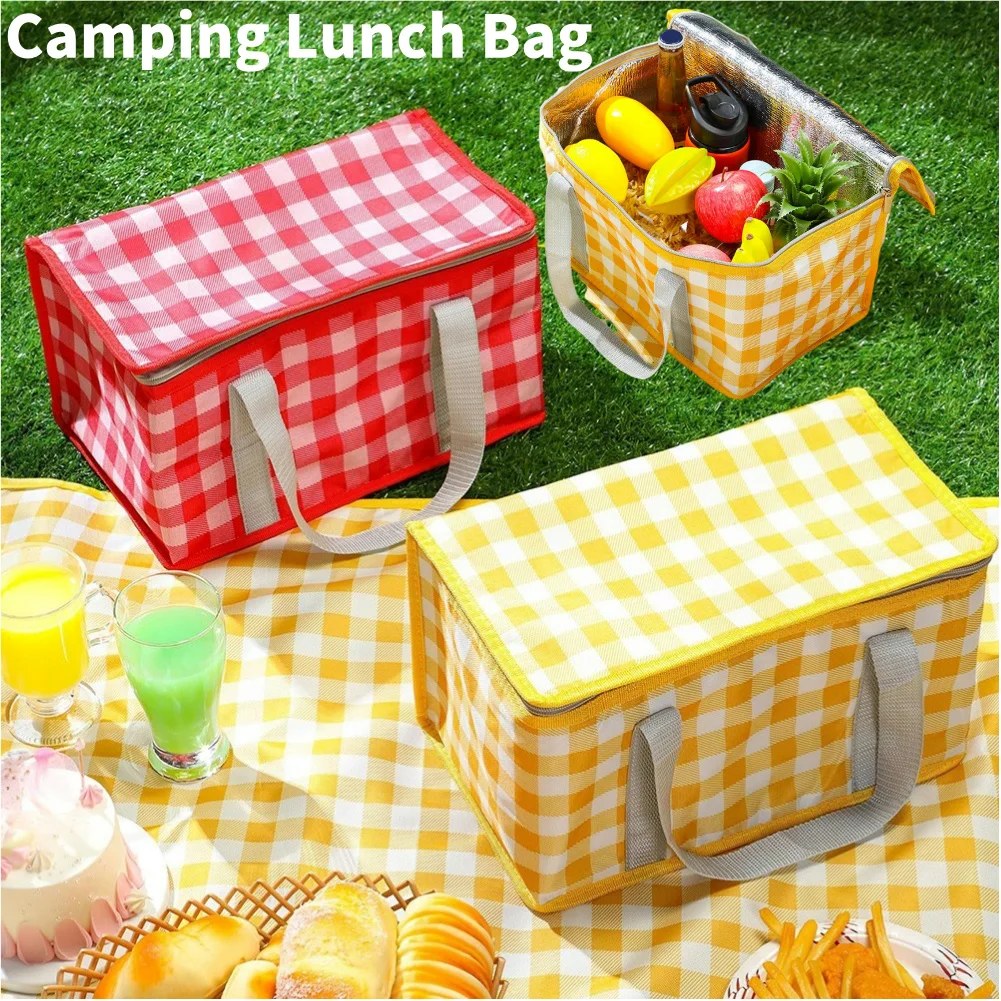 Insulated Picnic Bag Dual Zippers Thermal Lunch Bag Large Capacity Plaid Lunch Tote Bag Multifunction for Camping Picnic