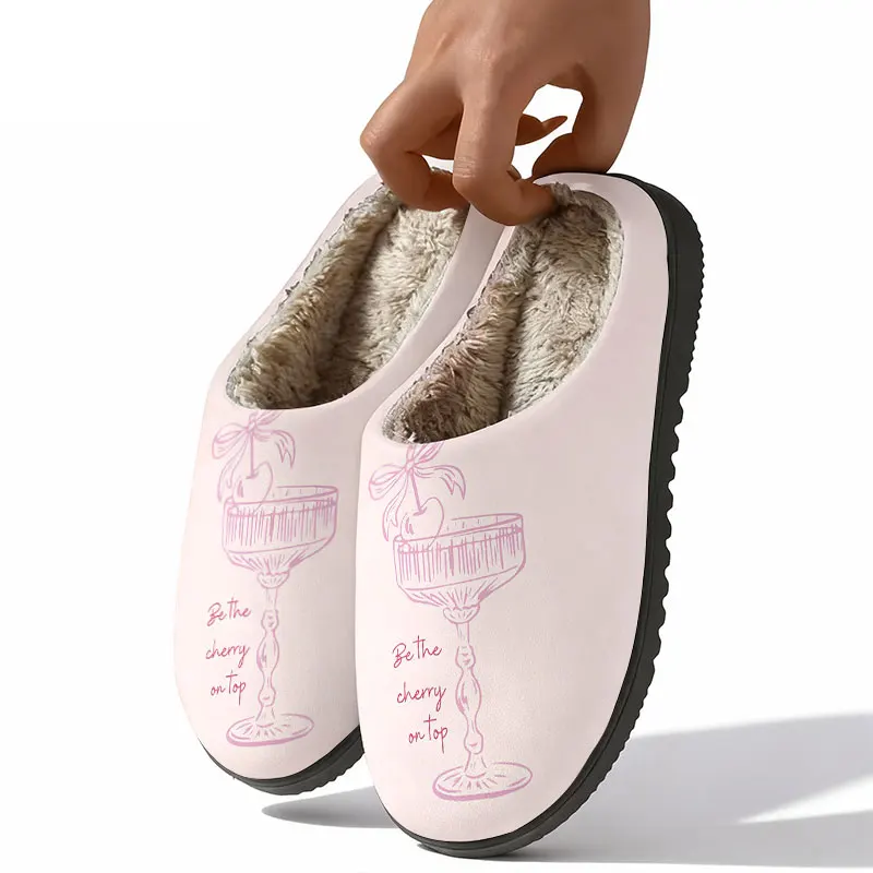 Cocktail Glass Pink Print Women's Winter Warm Plush Slippers Fuzzy Fleece House Slippers Indoor Shoes view 3