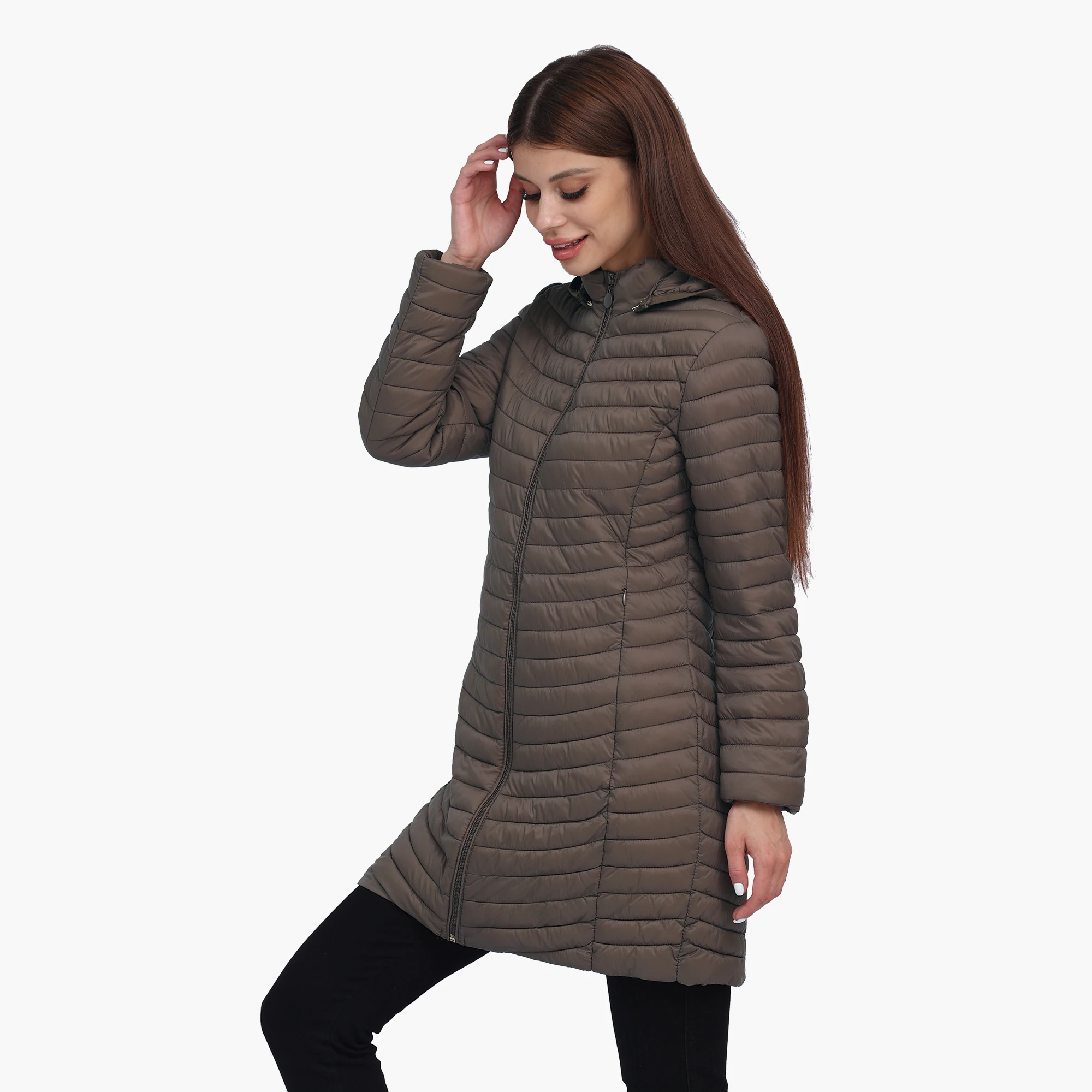 SANTELON Women Winter Long puffer Coat Detachable Hood Lightweight Coat Invisible Zipper Casual Coat Portable Outwear With Bag