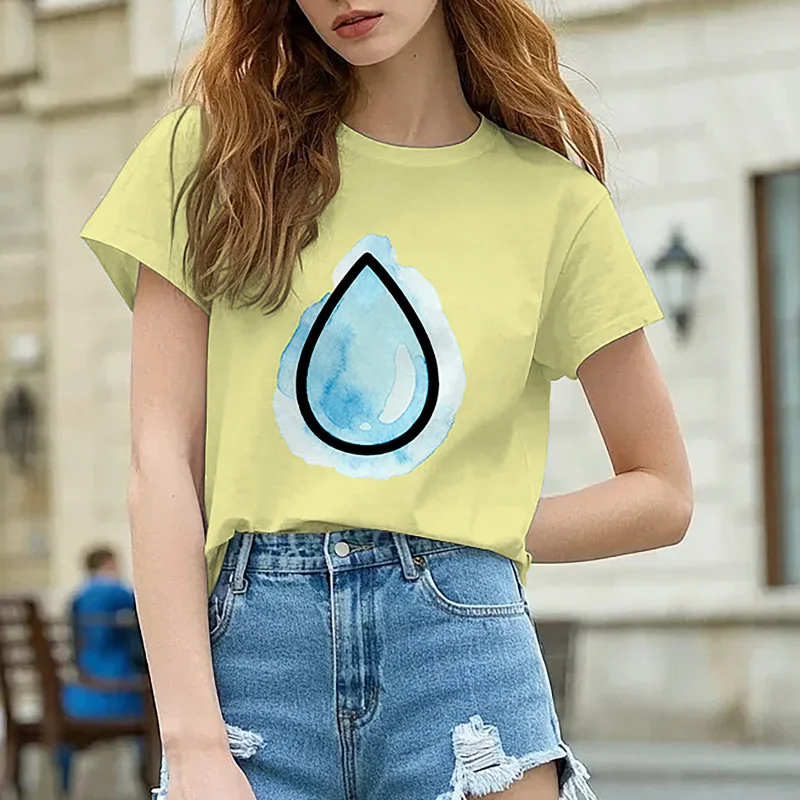 Damska koszulka z krótkim rękawem, okrągłym dekoltem i nadrukiem, prosty wzór, stylowa i elegancka, idealna na lato.