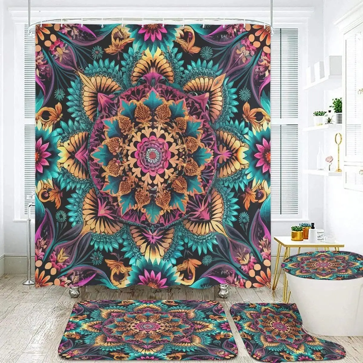 

Набор для ванной комнаты в стиле бохо Мандала, 4 предмета с занавеской для душа, коврик для ванной, контурный коврик, крышка унитаза, богемный цветочный узор