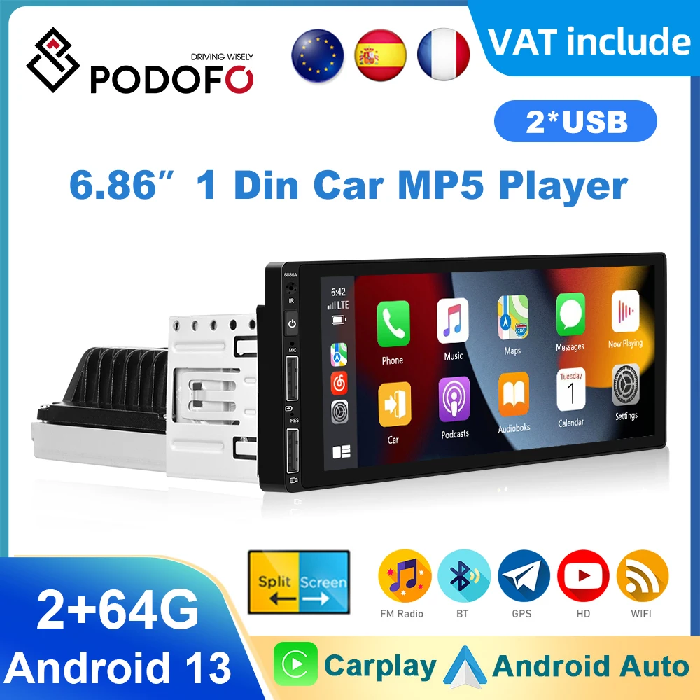 Podofo 6.86'' 1dinAndroid 2+64G Car Stereo Radio GPS Navigation Carplay Android auto WIFI Car Multimedia Player FM For Universal