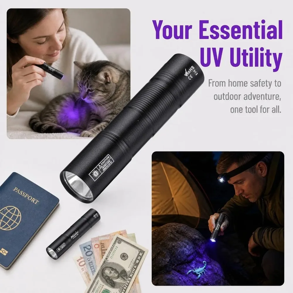 Rechargeable 365nm UV Flashlight Ultraviolet Fluorescent Currency Inspection Torch for Cosmetic Test Bill Jade Identification