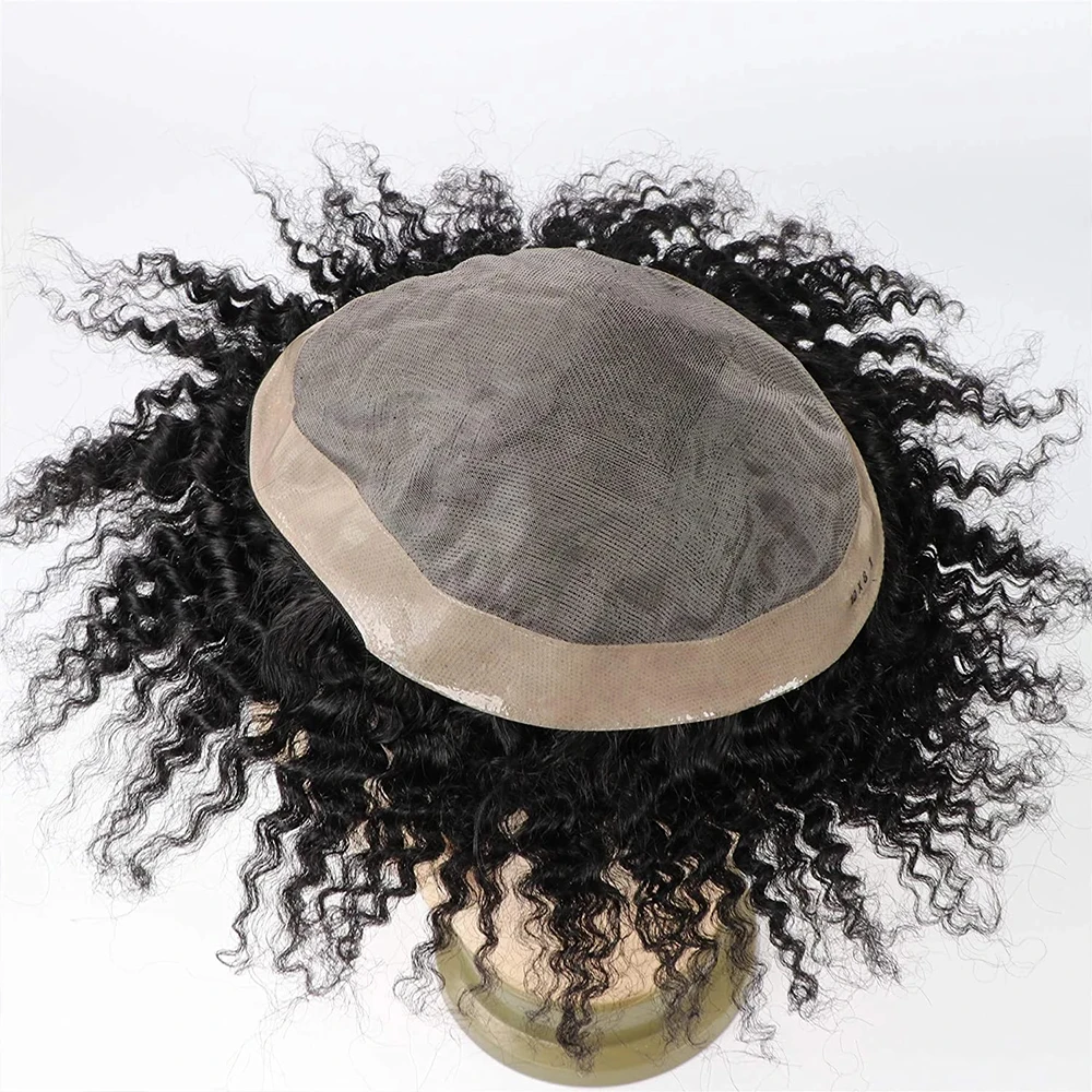 8mm 10mm Deep Afro Curly Wave Mens Toupee Natural Hairline Super Durable Fine Mono&NPU Base Human Hair Wig Prosthesis Unit Sale