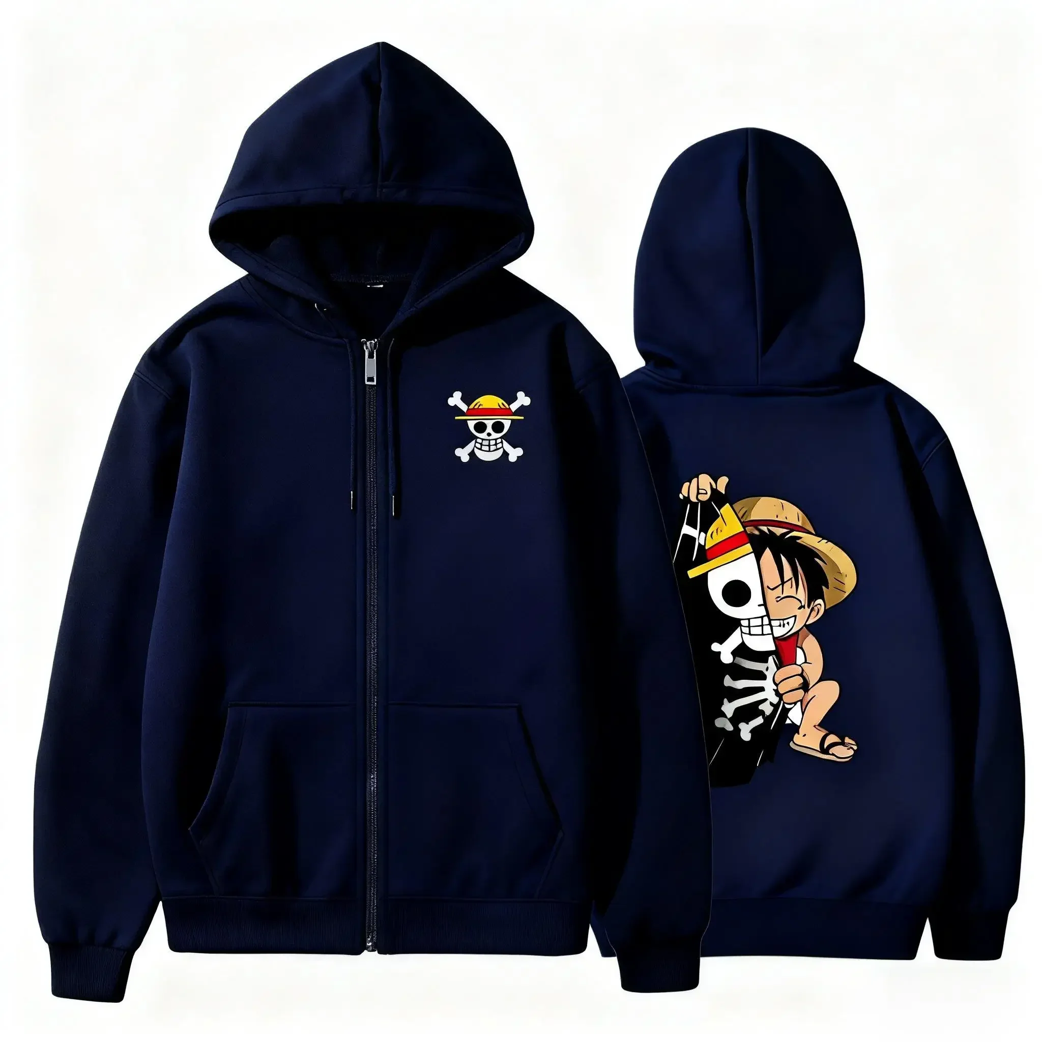 2026 New Oversized One Piece Luffy Zip-up Hooded Sweatshirt winter Casual Top Anime Print Long Sleeves Jacket Streetwear Unisex