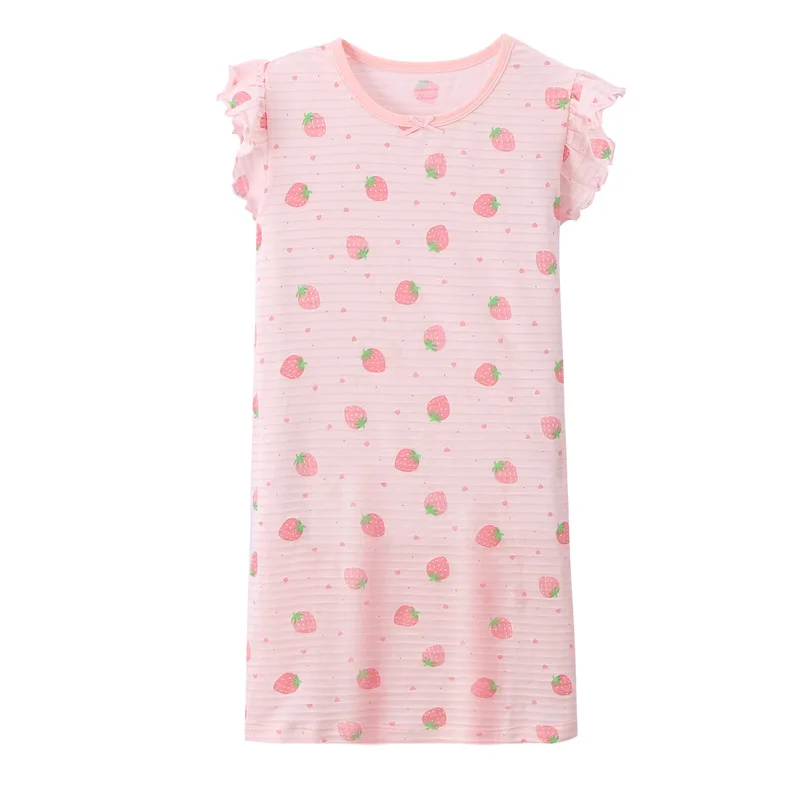 Girl Strawberry Prints Nightgown Dress Cotton Soft Breathable Kids Sleep Wear Quality Home Wear Size 110-170
