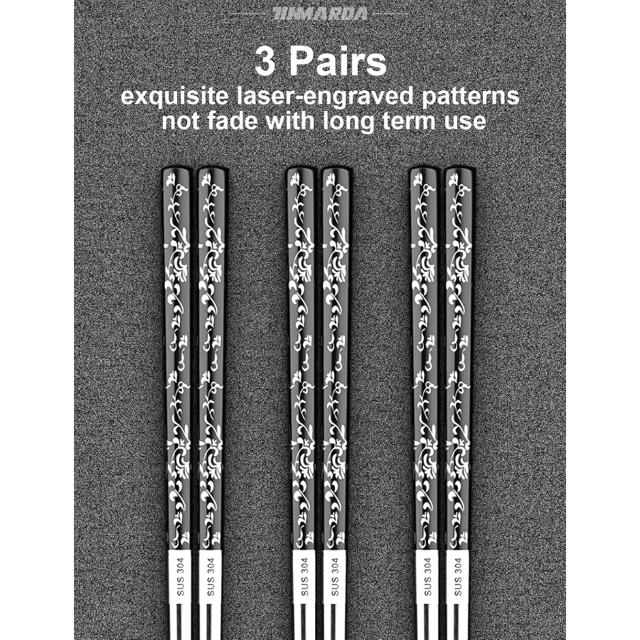 Essstäbchen aus Metall, wiederverwendbar, 3 Paar Essstäbchen, wiederverwendbar, spülmaschinenfest, titanbeschichtet, rutschfest, Edelstahl-Essstäbchen Prese